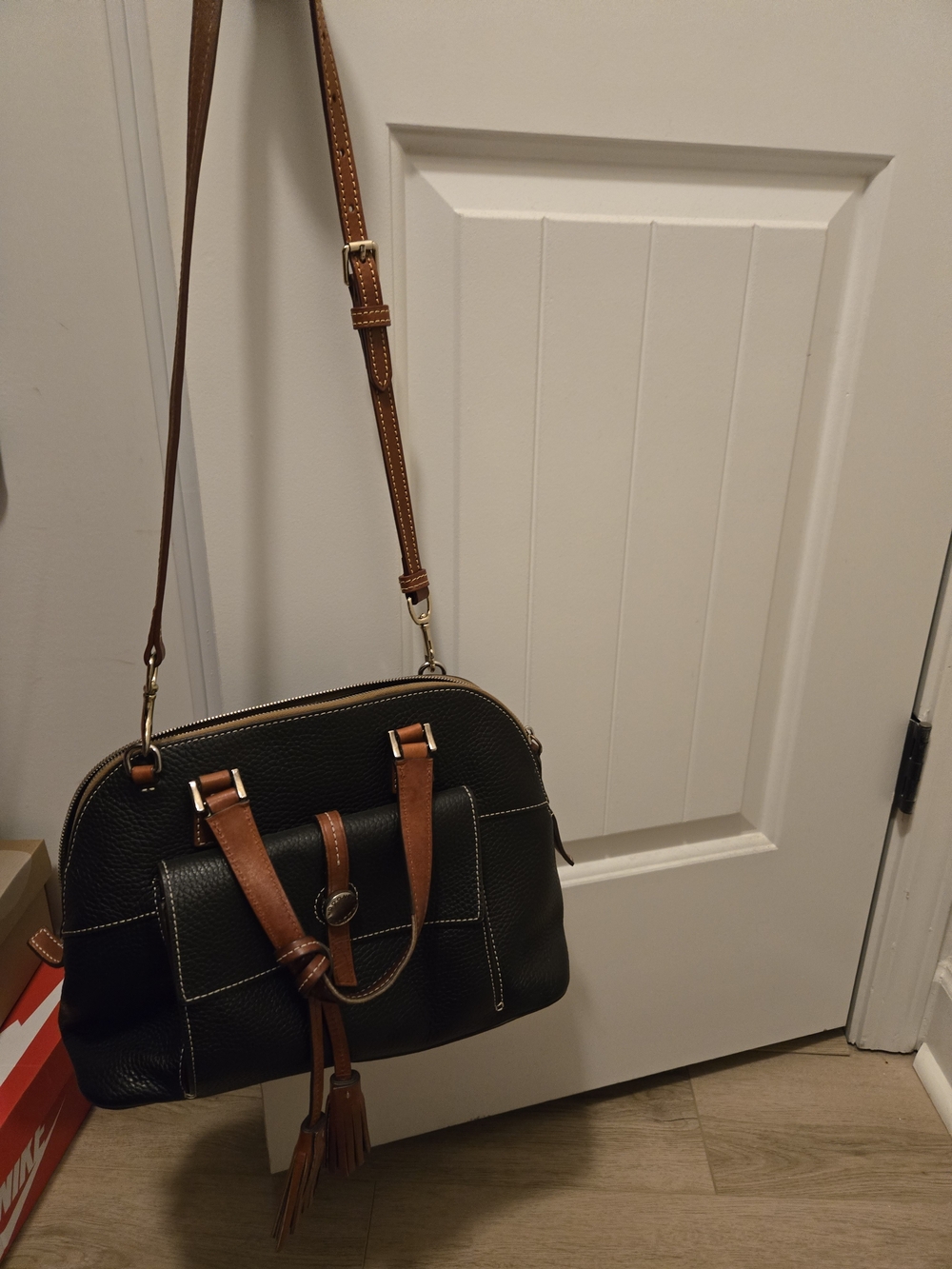 Dooney & Bourke Black Pebbled Leather Satchel with Brown Trim - Picture 6 of 7